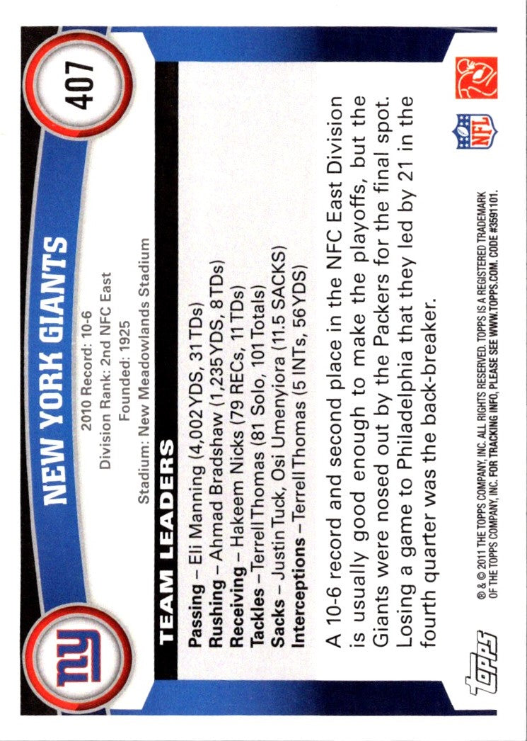 2011 Topps New York Giants (Justin Tuck/Osi Umenyiora)