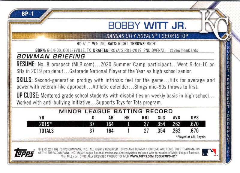 2021 Bowman Prospects Bobby Witt Jr.