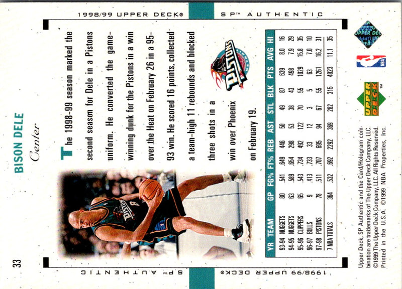 1998 SP Authentic Bison Dele