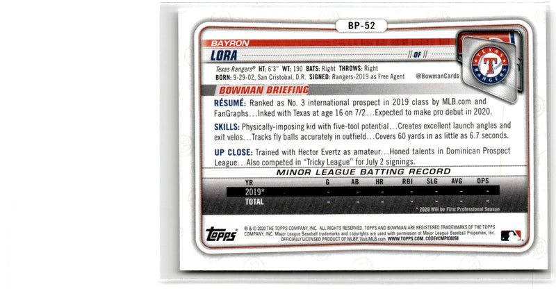 2020 Bowman Prospects Bayron Lora