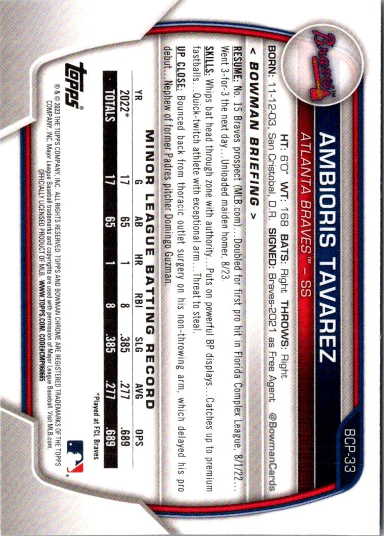 2023 Bowman Chrome Prospects Ambioris Tavarez