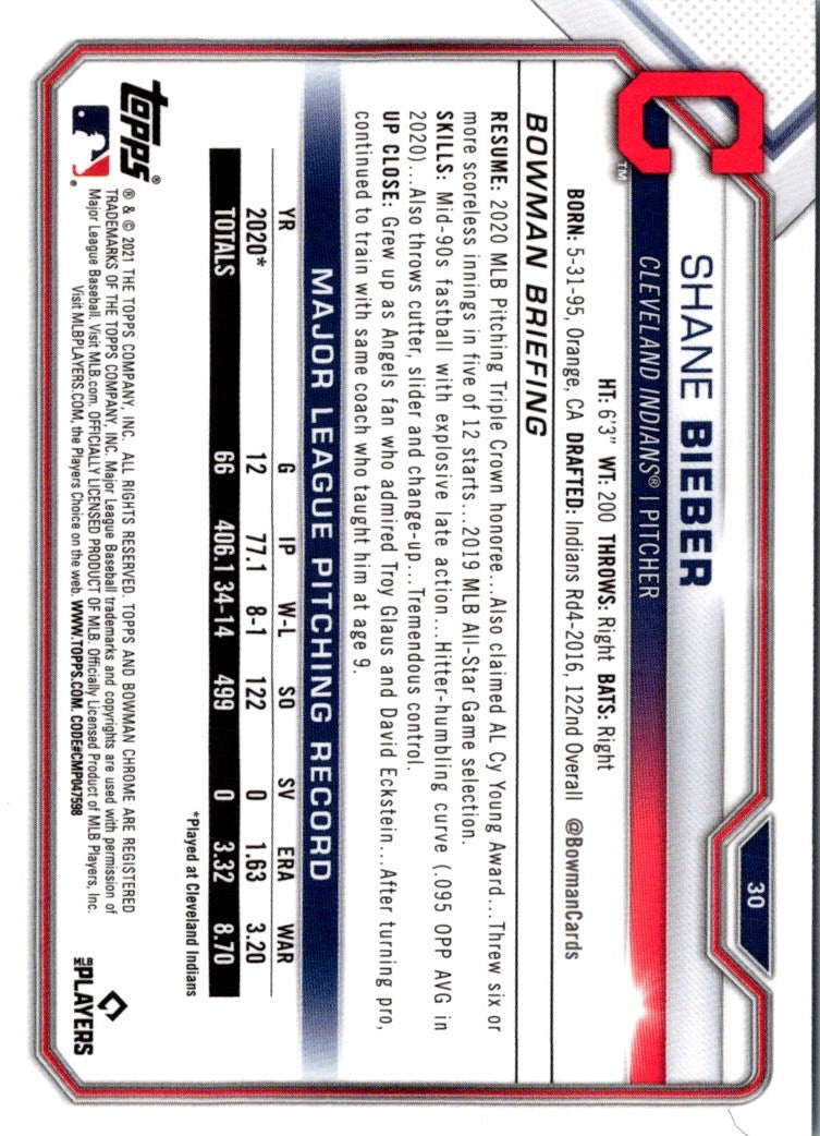 2021 Bowman Chrome Shane Bieber