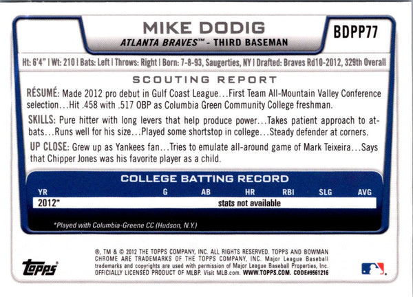 2012 Bowman Draft Picks & Prospects Chrome Mike Dodig #BDPP77