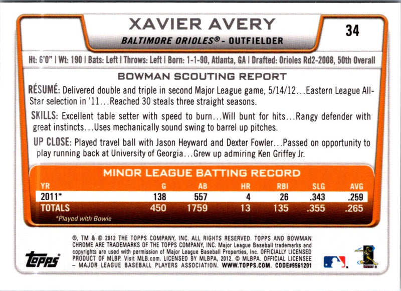 2012 Bowman Draft Picks & Prospects Chrome Xavier Avery