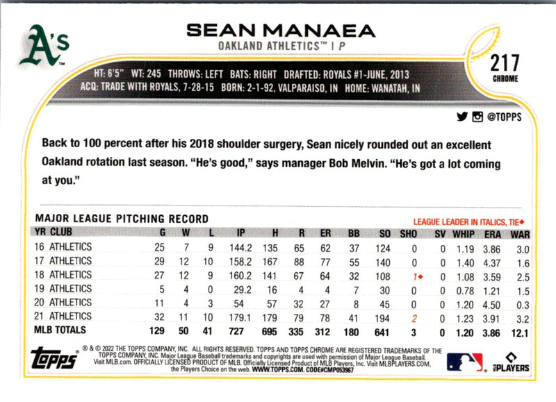 2022 Topps Chrome Sean Manaea