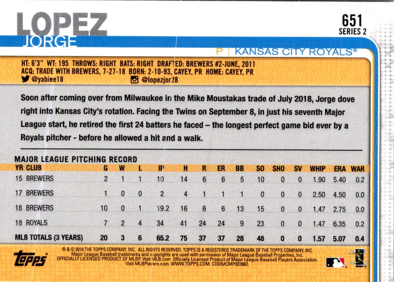 2019 Topps Kansas City Royals Jorge Lopez