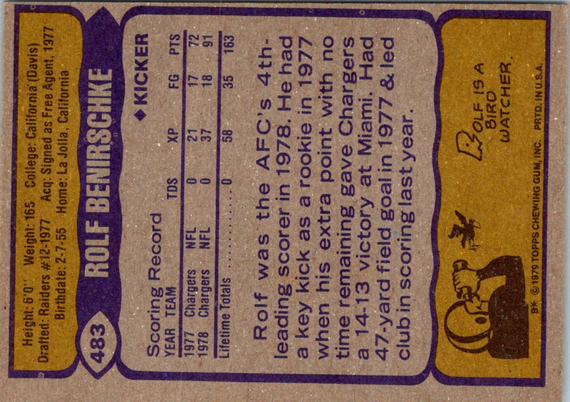 1979 Topps Cream Colored Back Rolf Benirschke