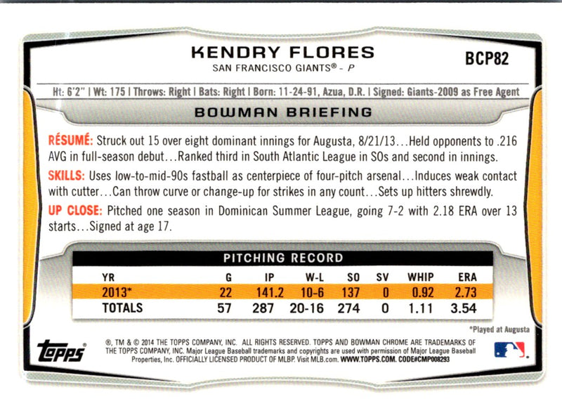 2014 Bowman Chrome Prospects Kendry Flores