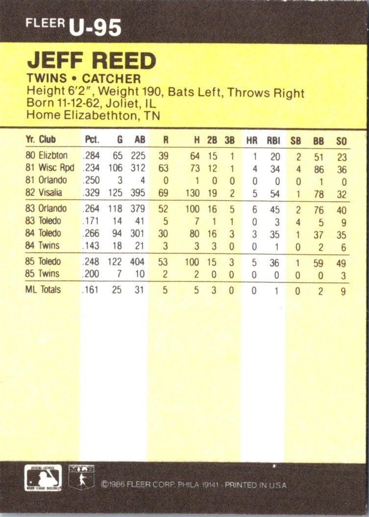 1986 Fleer Update Jeff Reed