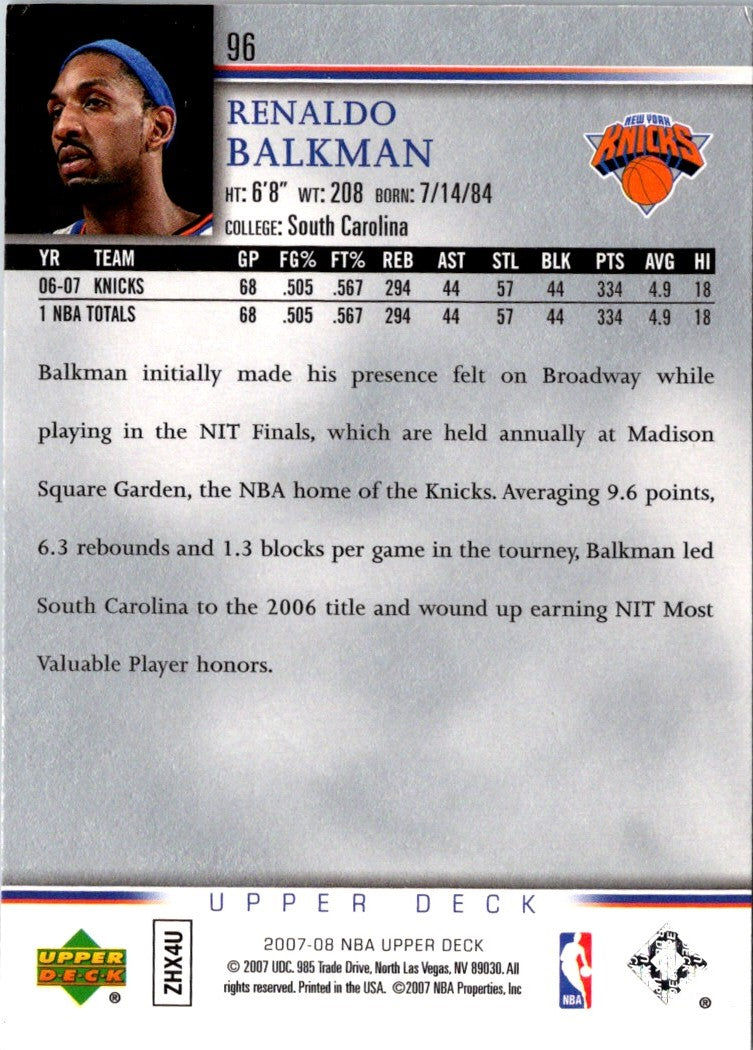 2007 Upper Deck Renaldo Balkman