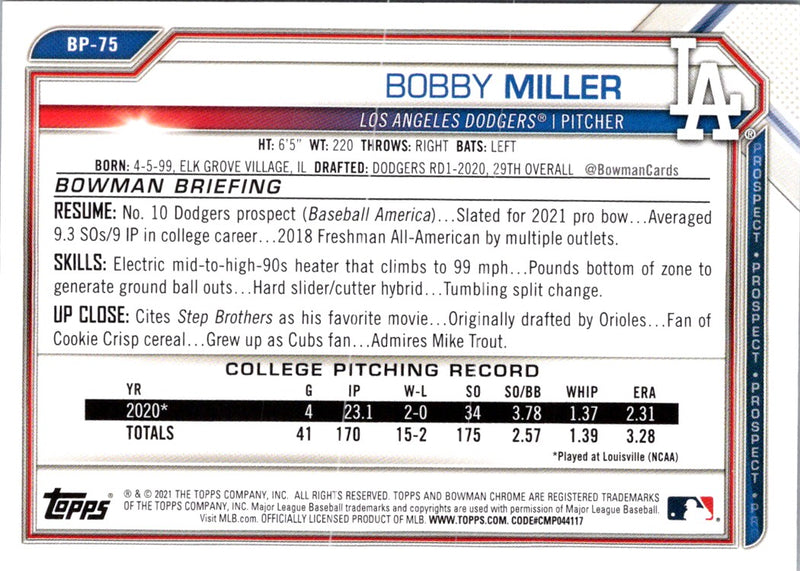 2021 Bowman Prospects Bobby Miller