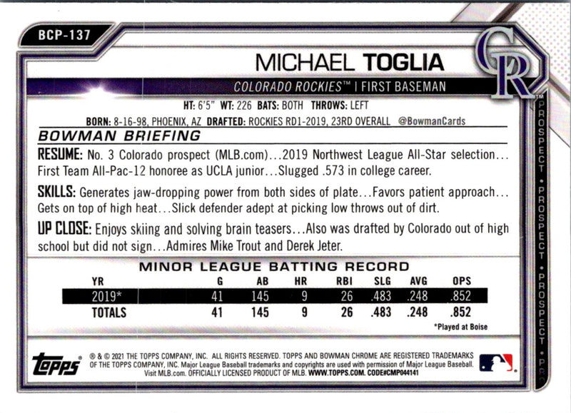 2021 Bowman Chrome Prospects Michael Toglia