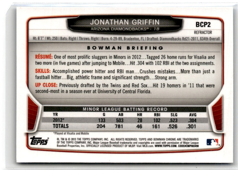 2013 Bowman Chrome Prospects Blue Wave Jonathan Griffin