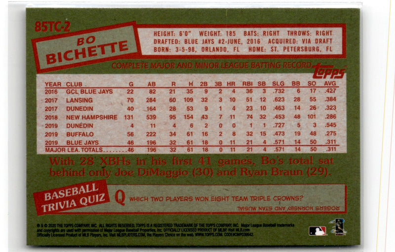 2020 Topps Chrome 1985 Baseball Bo Bichette