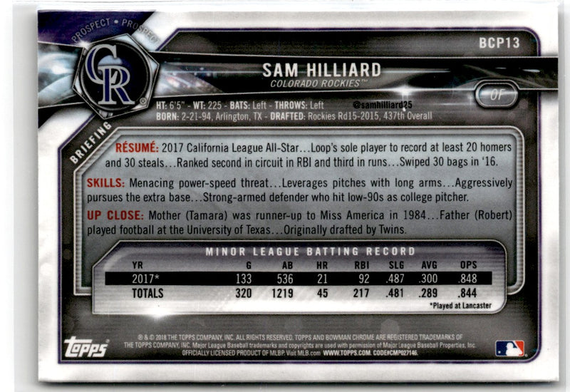 2018 Bowman Chrome Prospects Sam Hilliard