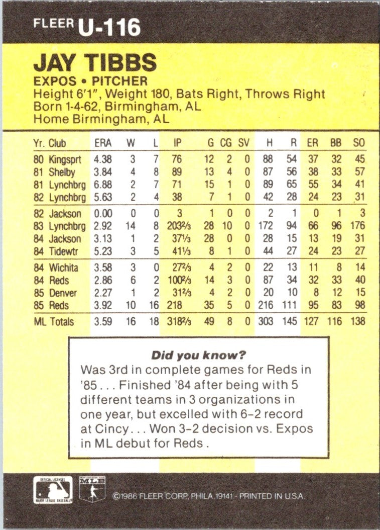 1986 Fleer Update Jay Tibbs