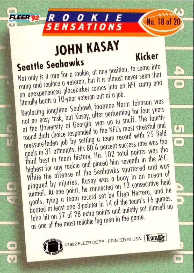 1992 Fleer Rookie Sensations John Kasay