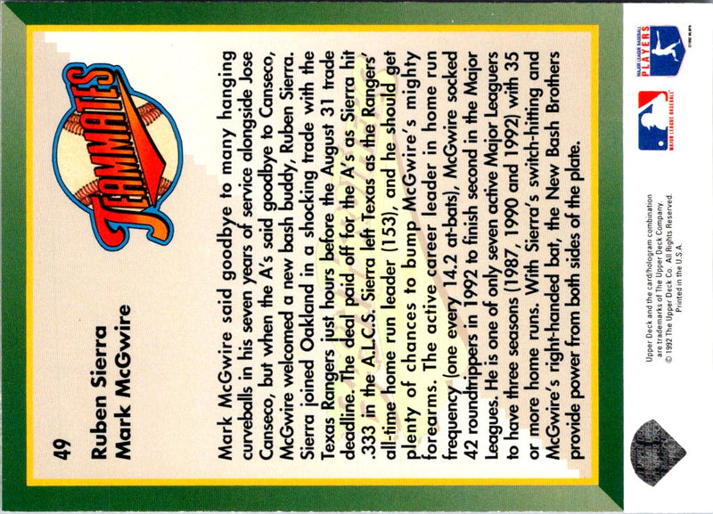1993 Upper Deck Ruben Sierra/Mark McGwire