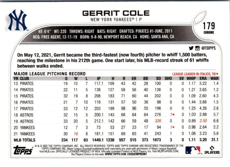 2022 Topps Chrome Gerrit Cole