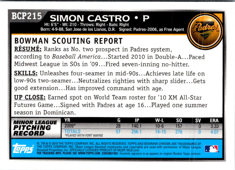 2010 Bowman Chrome Prospects Simon Castro