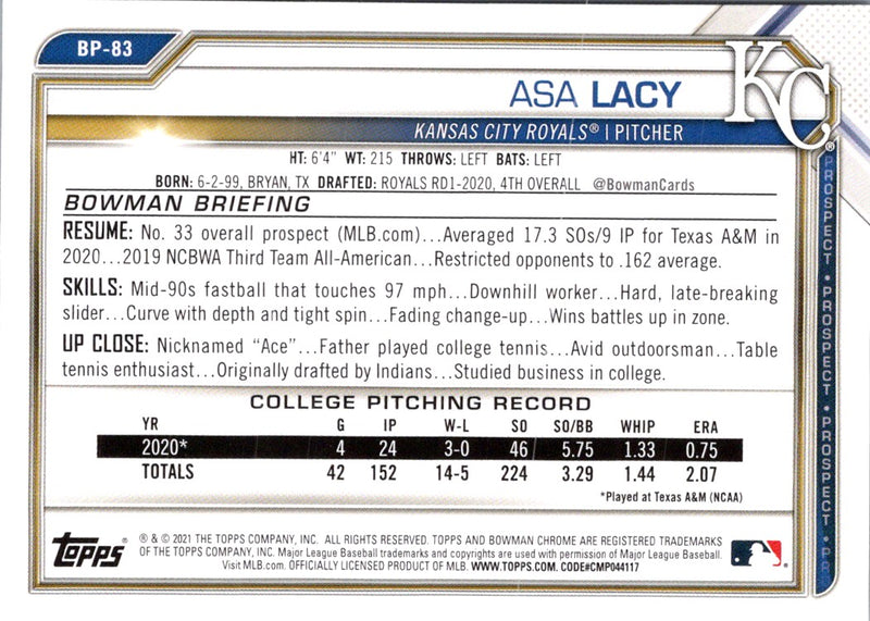 2021 Bowman Prospects Asa Lacy