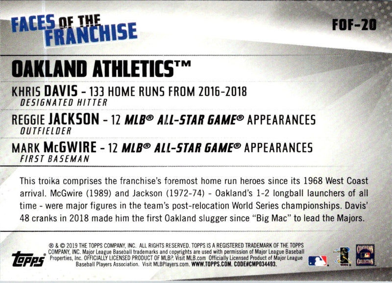 2019 Topps Faces of the Franchise Khris Davis/Reggie Jackson/Mark McGwire