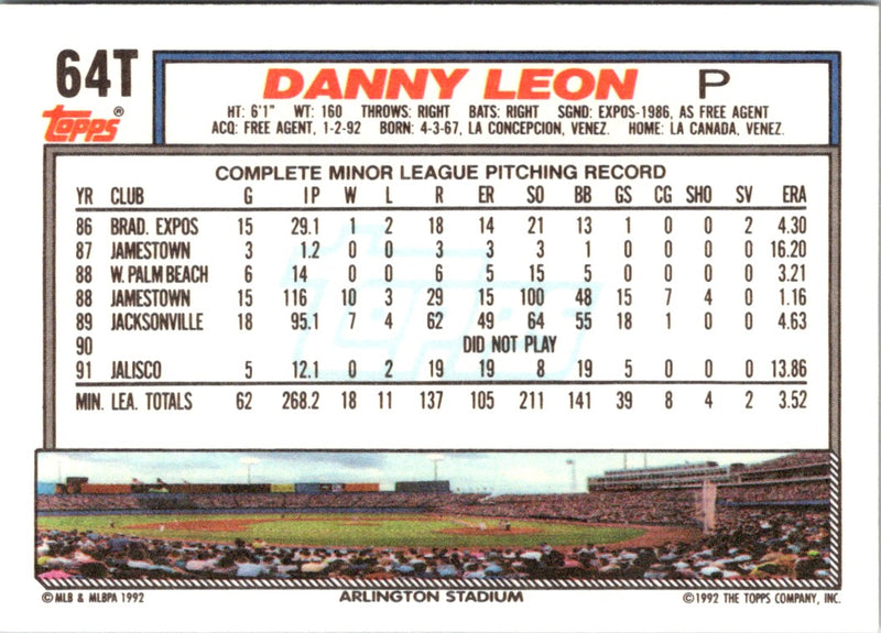 1992 Topps Traded Danny Leon