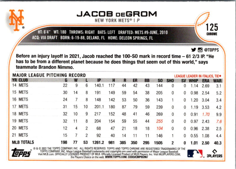 2022 Topps Chrome Jacob deGrom