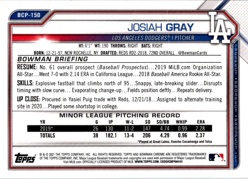 2021 Bowman Chrome Prospects Josiah Gray