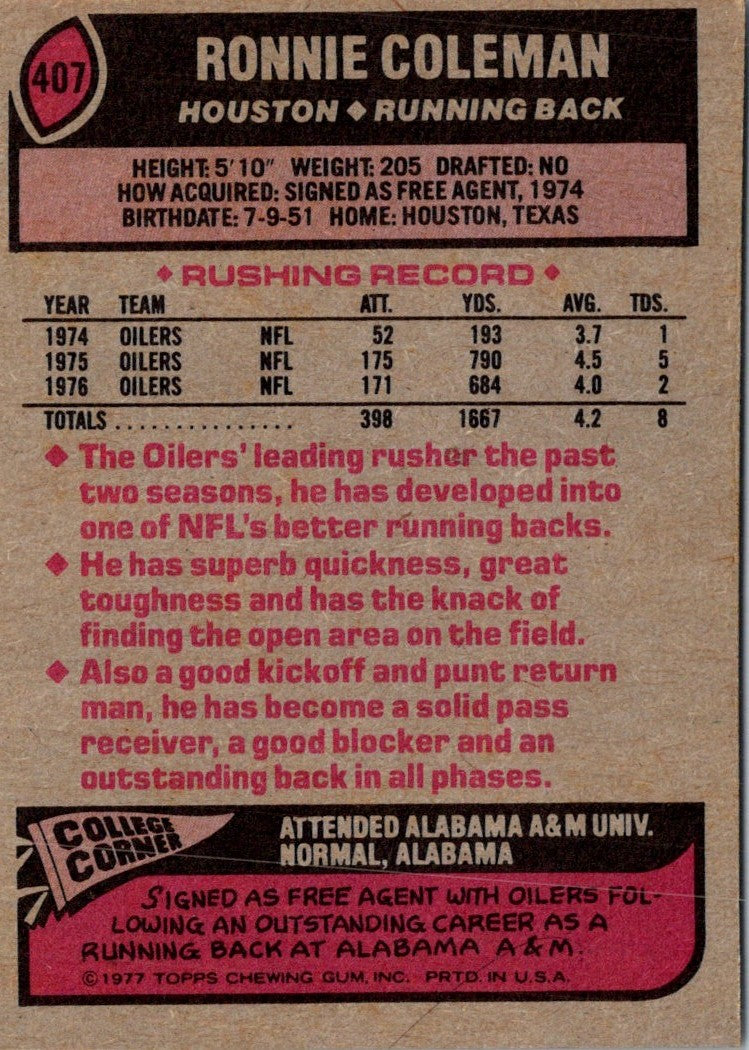 1977 Topps Ronnie Coleman