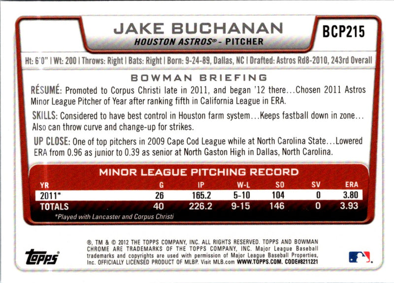 2012 Bowman Chrome Prospects Jake Buchanan