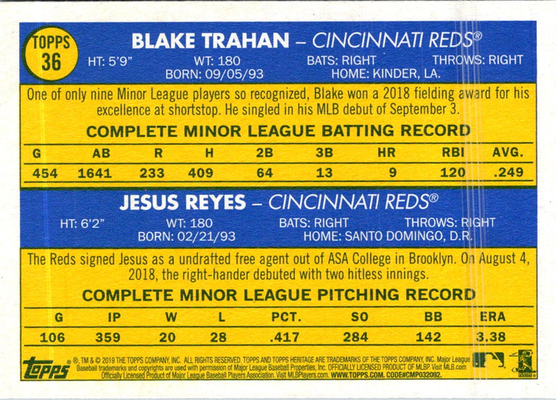 2019 Topps Heritage Blake Trahan/Jesus Reyes