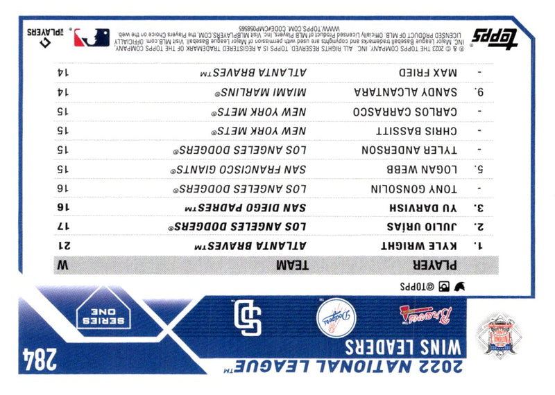 2023 Topps NL Wins Leaders (Kyle Wright/Julio UrÃ­as/Yu Darvish)