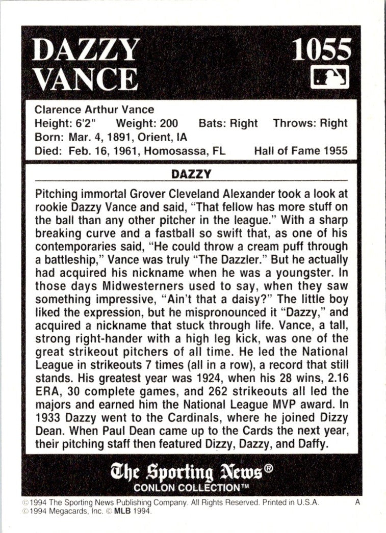 1994 Conlon Collection TSN Dazzy Vance