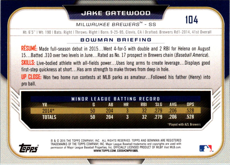 2015 Bowman Draft Picks & Prospects Jake Gatewood