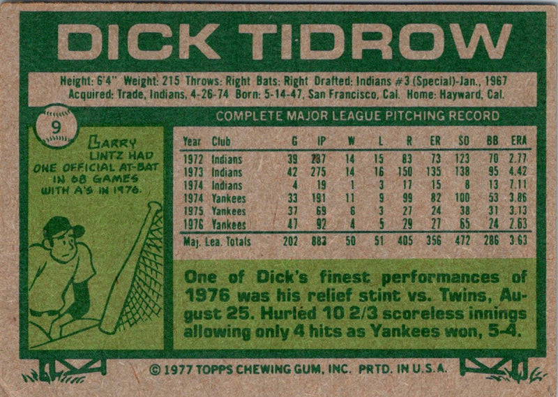 1977 Topps Burger King New York Yankees Dick Tidrow