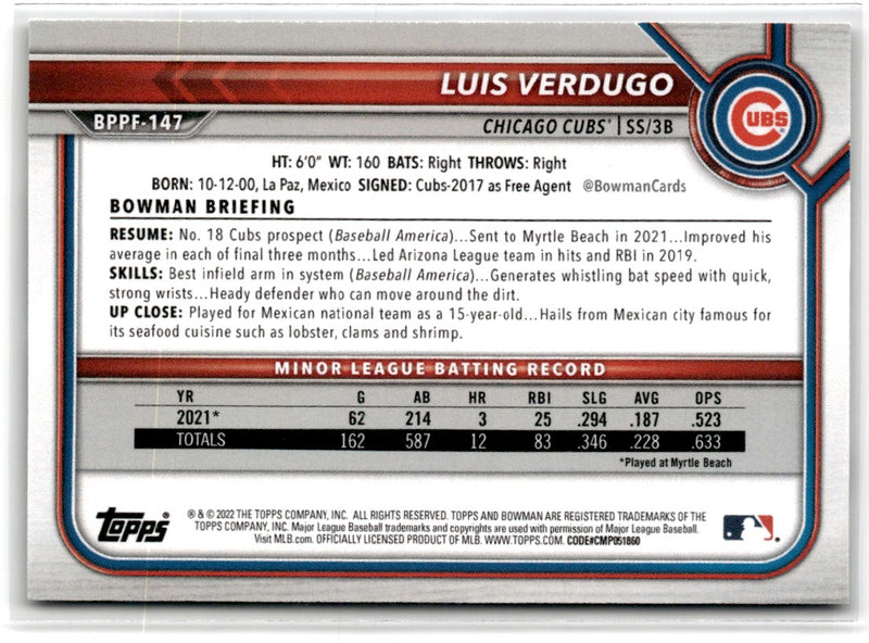 2022 Bowman 1st Edition Sky Blue Foil Luis Verdugo