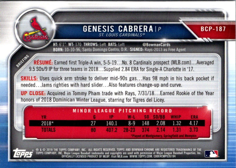 2019 Bowman Chrome Prospects Genesis Cabrera