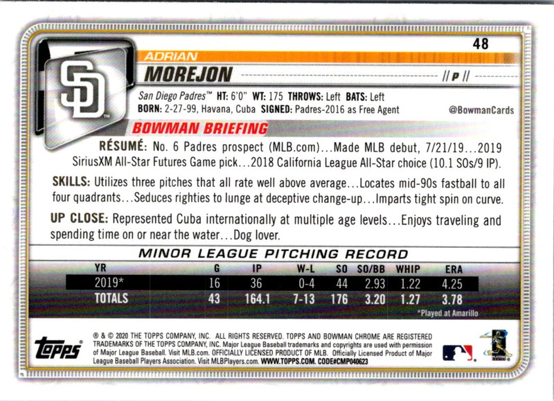 2020 Bowman Chrome Adrian Morejon