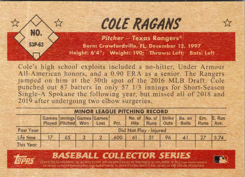 2019 Bowman Heritage Prospects Cole Ragans