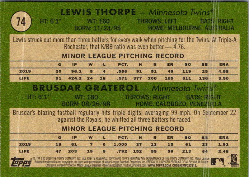 2020 Topps Heritage Lewis Thorpe/ Brusdar Graterol