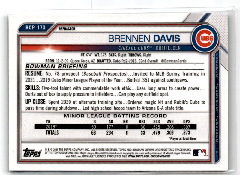 2021 Bowman Chrome Prospects Refractor Brennen Davis