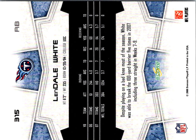 2008 Score Scorecard LenDale White