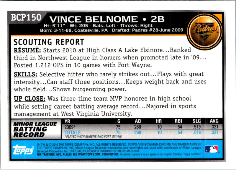 2010 Bowman Chrome Prospects Vince Belnome