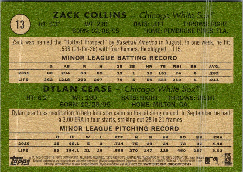 2020 Topps Heritage Dylan Cease/ Zack Collins