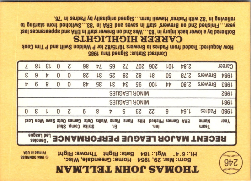 1985 Donruss Tom Tellmann