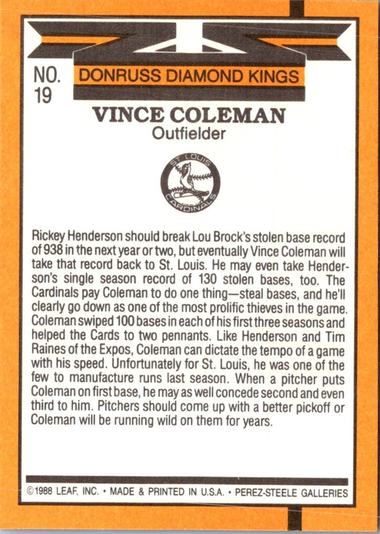 1989 Donruss Super Diamond Kings Vince Coleman