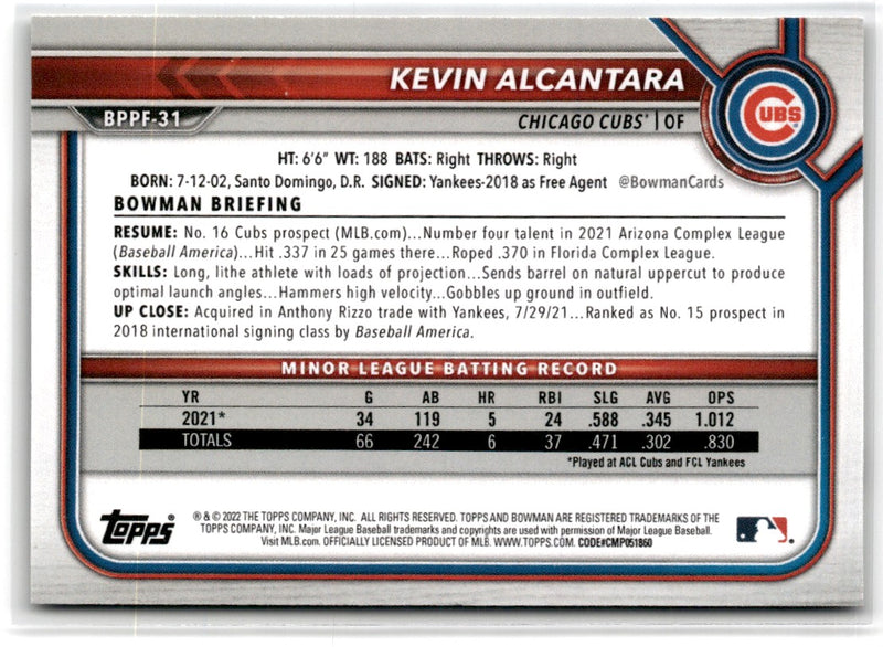 2022 Bowman 1st Edition Sky Blue Foil Kevin Alcantara