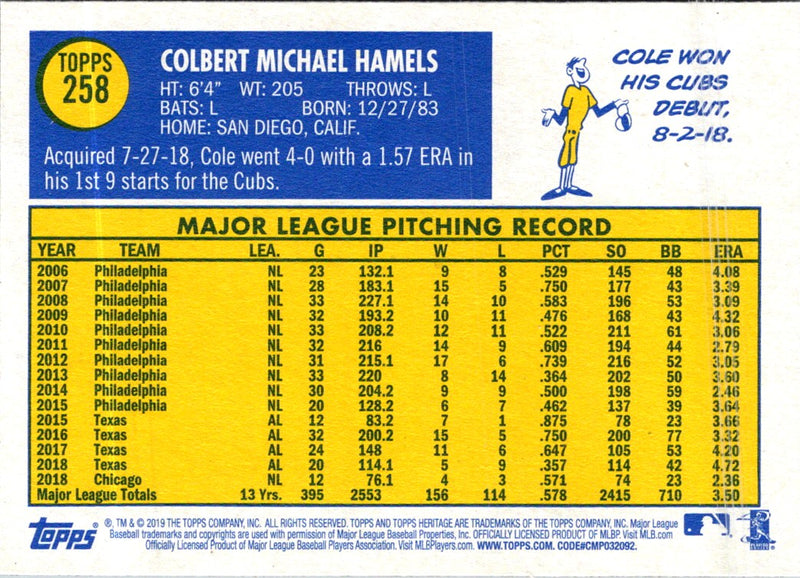 2019 Topps Heritage Cole Hamels