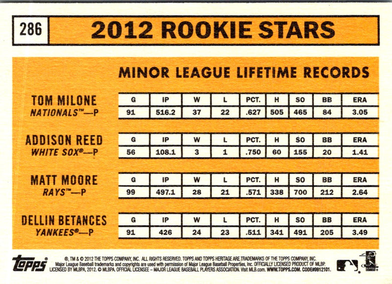 2012 Topps Heritage Tom Milone/Addison Reed/Matt Moore/Dellin Betances